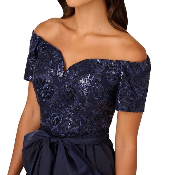 Navy Off-Shoulder High-Low Formal Dress With Sequined Lace Bodice & Bow Tie Wais - Picture 3 of 7